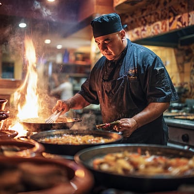 Chef Using MCA Funding to Grow Restaurant – Impelly Financial Restaurant owner cooking in a busy commercial kitchen after receiving a Merchant Cash Advance from Impelly Financial