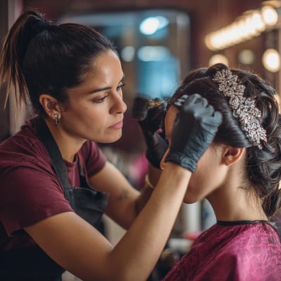 Hairstylist working with client - merchant cash advance for salon businesses Hairstylist applying hair color for a client in salon — small business owner representing merchant cash advance qualification