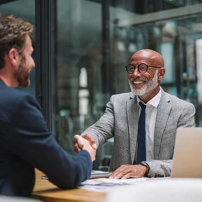 Successful Small Business Funding Meeting - Impelly Financial Confident business owner shaking hands with funding advisor after receiving capital from Impelly Financial
