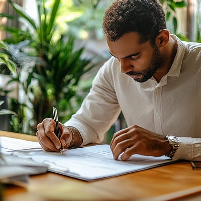 Business Owner Organizing Invoices for Factoring Services Small business owner reviewing invoices at desk for invoice factoring approval