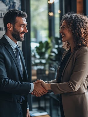 Small Business Loan Agreement Meeting - Impelly Financial Businessman and businesswoman shaking hands in office, smiling confidently after successful funding meeting.