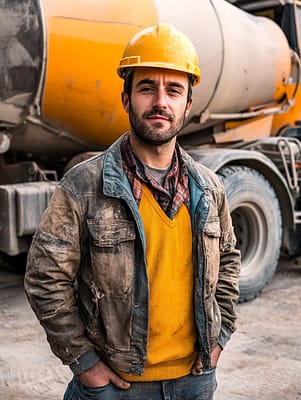 Construction Equipment Financing for Contractors and Builders. Construction worker in safety gear standing confidently in front of heavy-duty cement mixer truck at job site — Business equipment financing for construction companies.