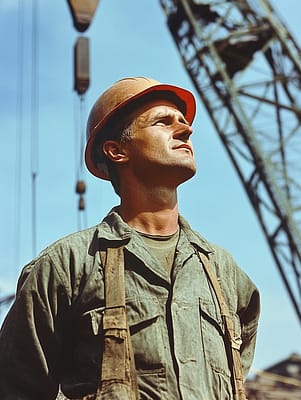 Heavy Equipment Financing for Construction Contractors | Impelly Financial. Construction worker in hard hat looking upward on job site with crane in background — business equipment financing for contractors.