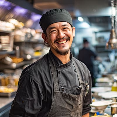 Restaurant Owner Funded Through Flexible Business Line of Credit Smiling restaurant owner in commercial kitchen approved for small business line of credit