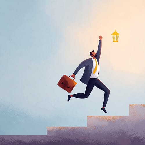 Business Growth and Success Illustration - Impelly Financial Funding Journey Illustration of ambitious entrepreneur climbing stairs toward success, symbolizing business growth through Impelly Financial funding