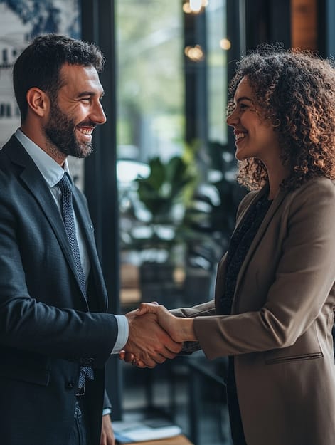 Small Business Loan Agreement Meeting - Impelly Financial Business professionals shaking hands during a financing discussion