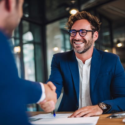 Invoice Factoring for Small Businesses - Fast Access to Capital Smiling business owner shaking hands after invoice factoring agreement