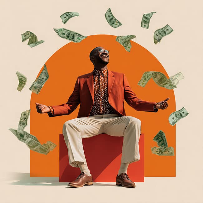 Impelly Financial Fast Funding Success - Entrepreneur Celebration Excited entrepreneur celebrating after receiving fast funding from Impelly Financial with money floating in the air